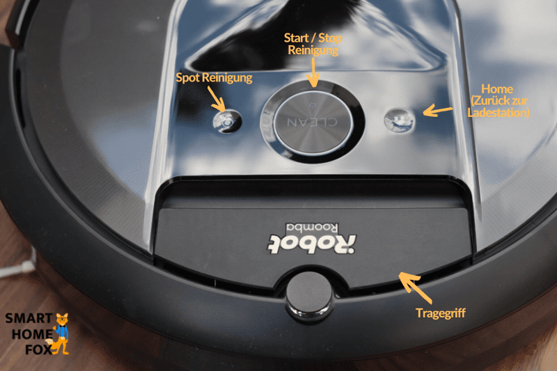 Drei Touchscreen Knöpfe auf der Oberfläche des Roomba i7+